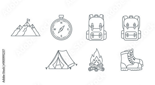 Outdoor adventure equipment icons set isolated on a white background design
