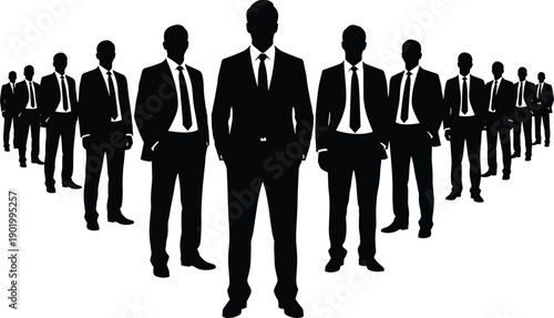 Black Silhouette of Professional Businessmen Standing in V Formation Lead by a Confident Manager for Corporate Leadership Success Teamwork and Financial Growth Strategy Concepts