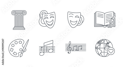 Art and culture icons theater masks column book palette music globe