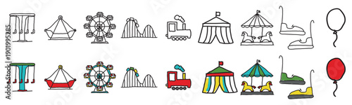 Adobe Illustrator ArtworkCarousel Ride Icons, Amusement Park Attraction Graphics, Fairground Swing Ride Silhouettes, Black and White Design vector illustration.