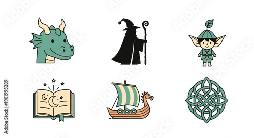 Fantasy illustrations dragon wizard elf book viking ship celtic knot