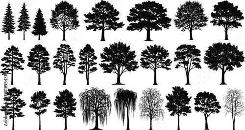 Collection of diverse tree silhouettes isolated on white background showcasing deciduous and conifer forest shapes for design use