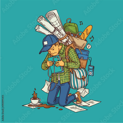 Overwhelmed student with heavy backpack searching through books.