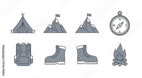 Camping and hiking equipment icons tent mountains compass backpack boots fire