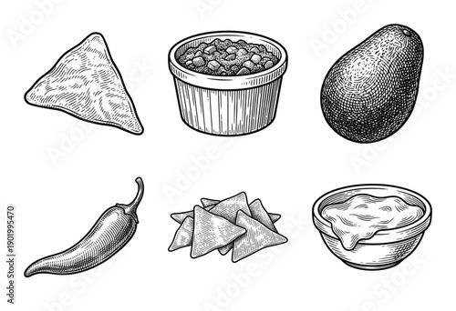 Mexican food appetizers and snacks collection featuring woodcut style hand drawn illustrations of nachos avocado chili pepper and salsa dips
