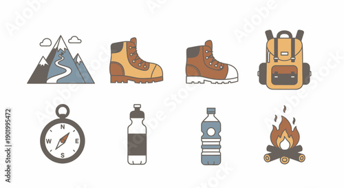 Hiking and camping equipment illustrations for outdoor recreation concepts