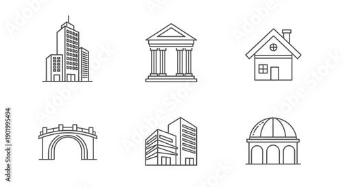 Outlined architectural buildings set skyscrapers houses and monuments
