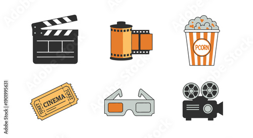 Cinema icons clapperboard film reel popcorn ticket 3 d glasses projector