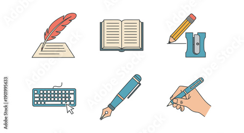 Set of writing and reading tools feather pen book pencil keyboard hand