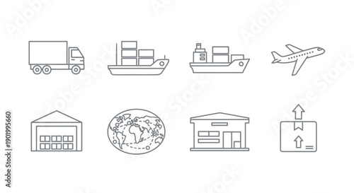 Transportation and global logistics icon set truck ship plane warehouse