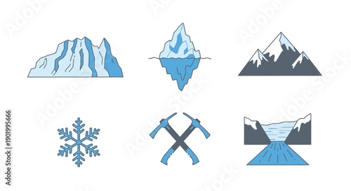 Illustrated arctic scenes icebergs mountains snowflakes and ice axes vector graphics