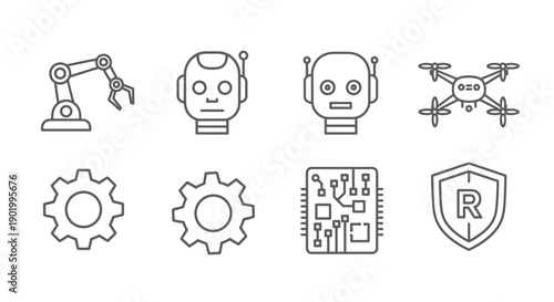 Modern technology and robotics icons in minimalist line art