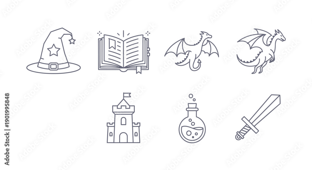 Fototapeta premium Fantasy line art illustrations wizard hat spellbook dragons castle sword