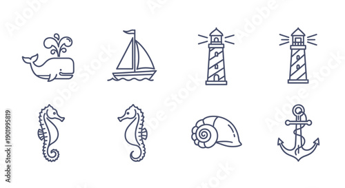 Nautical icons whale sailboat lighthouses seahorses seashell anchor