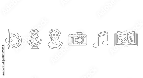 Artistic icons palette busts camera music note and theater mask on white