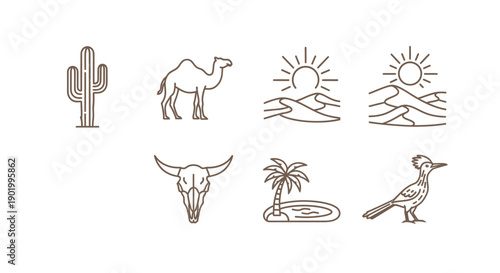 Desert landscape line art cactus camel sun dune skull palm roadrunner