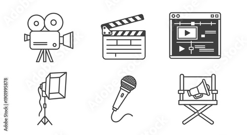 Film production equipment icons set on white background vector illustration