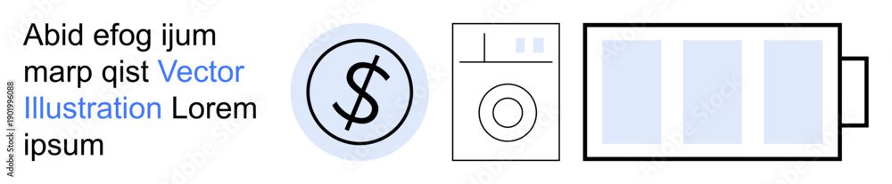 Obraz premium Energy efficiency, cost savings, technology, renewable energy, sustainability, power management. Battery icon, washing machine and dollar symbol in a minimal design. Energy efficiency and cost