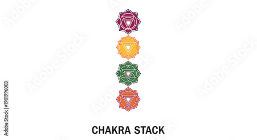 Colorful chakra symbols stacked vertically isolated on white background