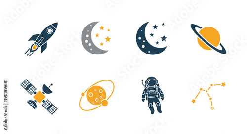 Cosmic icons rocket planets astronaut and celestial elements on white