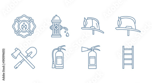 Firefighting icons line art illustrations of equipment for public safety