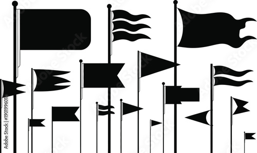 Black silhouette collection of heraldic pennants and flying flags on poles for graphics