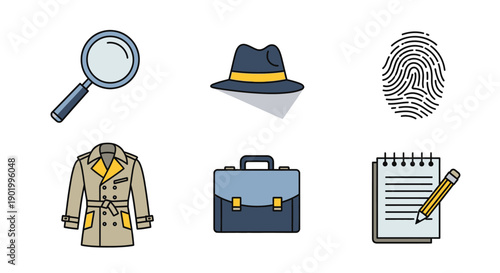 Detective icons magnifying glass hat fingerprint coat briefcase notepad