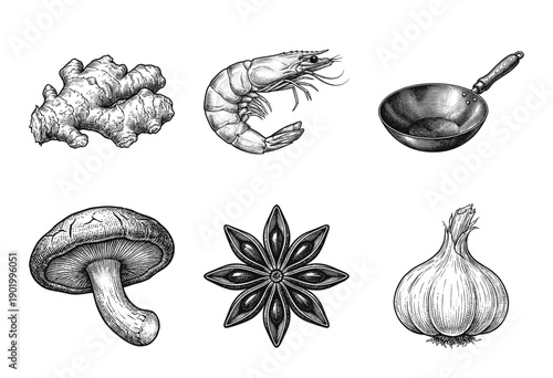 Collection of hand drawn vintage engravings featuring asian culinary ingredients and cooking equipment including shrimp ginger mushroom and wok