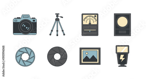 Camera and photography equipment icon set on white background