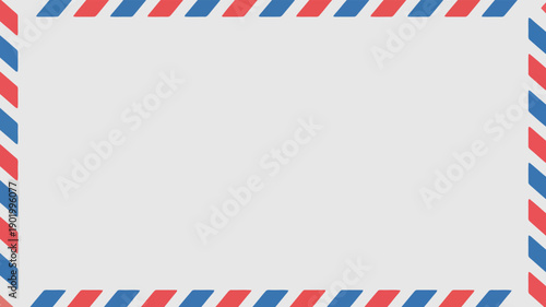 A classic airmail envelope style border featuring diagonal red and blue stripes frames a simple light grey rectangle