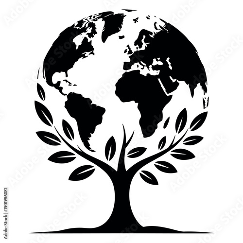 Earth globe transforms into a flourishing tree with wide branches symbolizing global.
