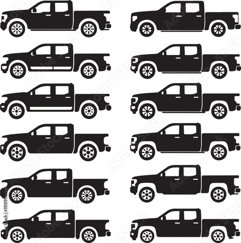 Collection of pickup truck silhouettes in various positions and angles