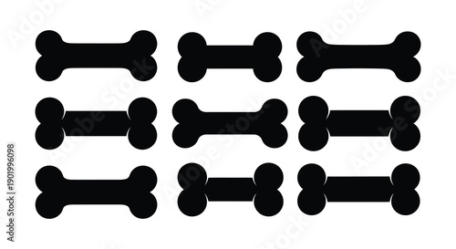 A collection of nine black dog bone shapes arranged in a grid ideal for design work on transparent background silhouette