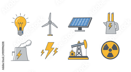 Energy sources icons renewable power concepts with various energy types
