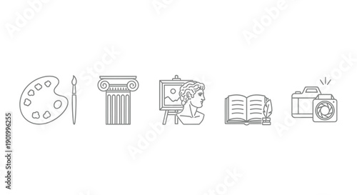 Artistic icons palette brush column painting sculpture book and camera