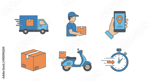Delivery icons truck courier smartphone package scooter stopwatch