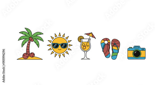 Summer vacation icons palm tree sun drink sandals camera on white