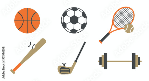Sports equipment collection basketball soccer ball tennis baseball golf dumbbell