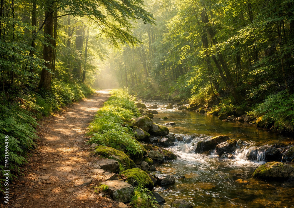 Obraz premium A serene forest path with sunlight filtering through the trees created by AI