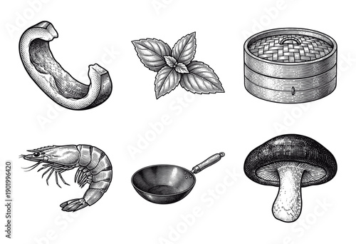 Asian culinary ingredients and kitchen tools collection featuring shrimp, mushroom, wok, and bamboo steamer in vintage woodcut engraving style.