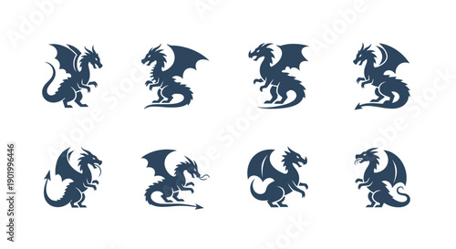 Set of dark blue dragon silhouettes isolated on a white background