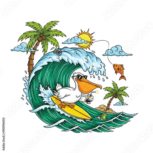 Pelican surfing a large ocean wave with sunglasses.