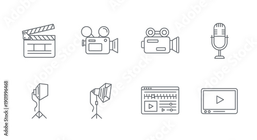 Film and video production equipment icons set for creative projects