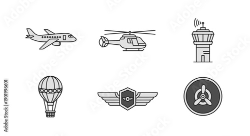 Transportation icons airplane helicopter balloon tower wings propeller
