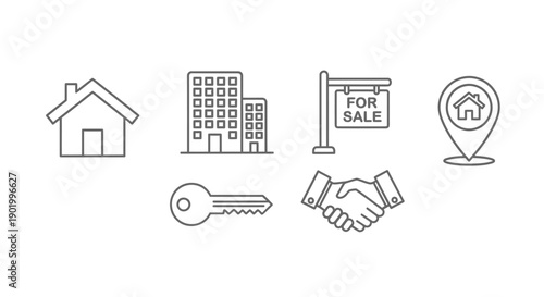 Real estate icons house buildings for sale sign key handshake location