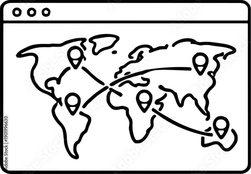 Global Network Map with Connected Location Pins on Browser Window Minimal Line Art Illustration