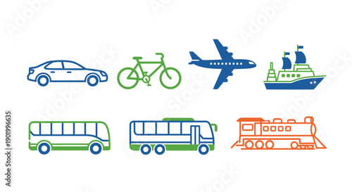 Transportation icons car bicycle airplane boat bus and train illustrations