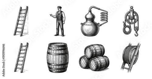 Vintage industrial and distillery equipment collection featuring wood engraving style illustrations of barrels, ladders, pulleys, and distillation apparatus.