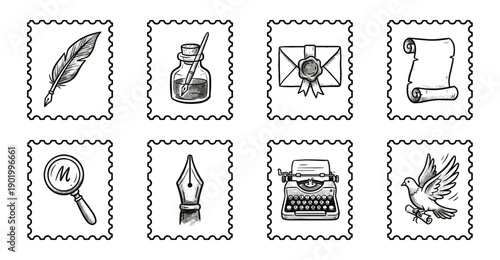 Vintage Hand Drawn Literary Correspondence Postage Stamp Collection for Scannable Scrapbooking and Journaling Assets