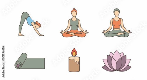 Yoga poses and elements illustration wellness and relaxation concept